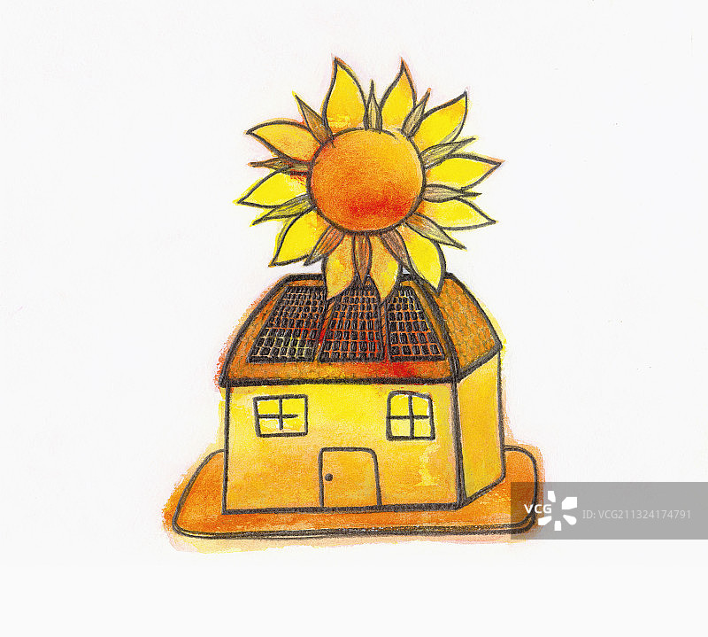 屋顶上的巨大向日葵插画图片素材