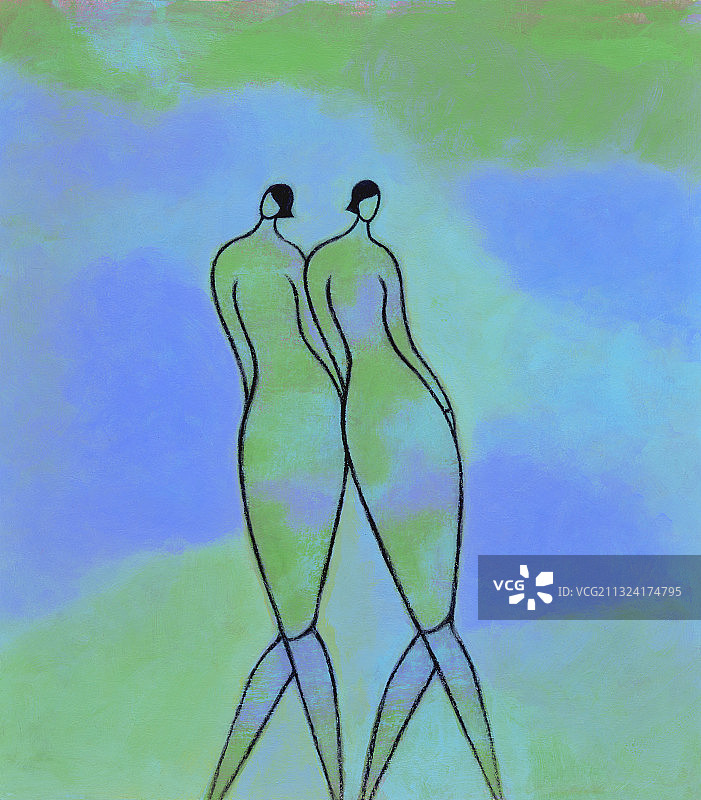 两名女子互相依靠站立。双子座的黄道星座。插图。图片素材