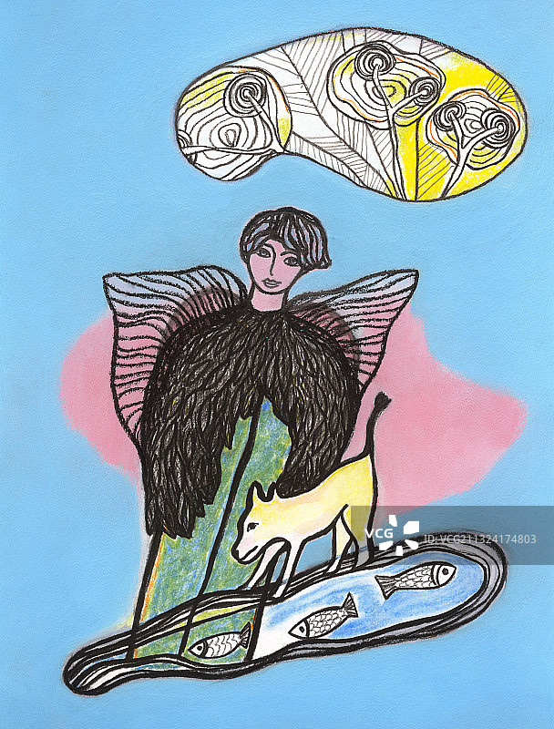 长翅膀的小女孩与黄狗和池塘里的鱼图片素材