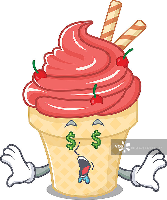 浓郁樱桃冰淇淋和钱眼吉祥物图片素材