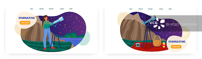 女孩用望远镜在夜空中观星图片素材