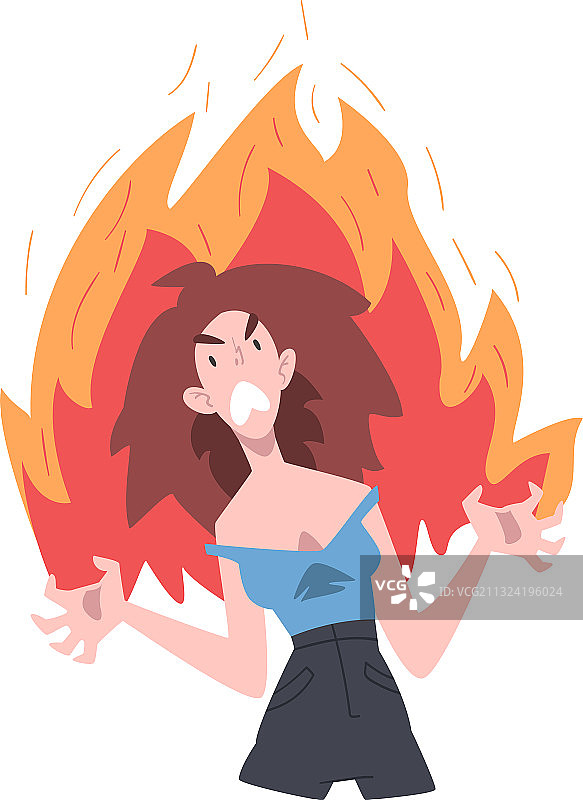 愤怒的女孩在火焰中燃烧，表达愤怒和压力图片素材