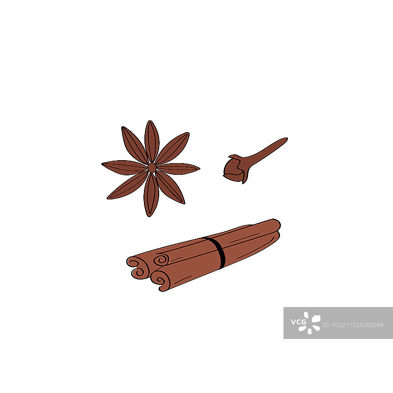 香料套装：肉桂、八角标志、丁香图标图片素材