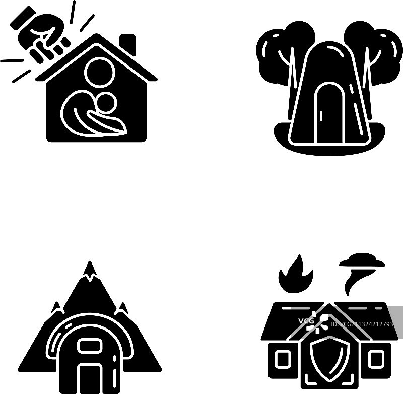 临时安全住所黑色图标集图片素材