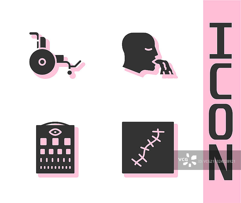 带缝线疤痕、轮椅和视力检查表图片素材