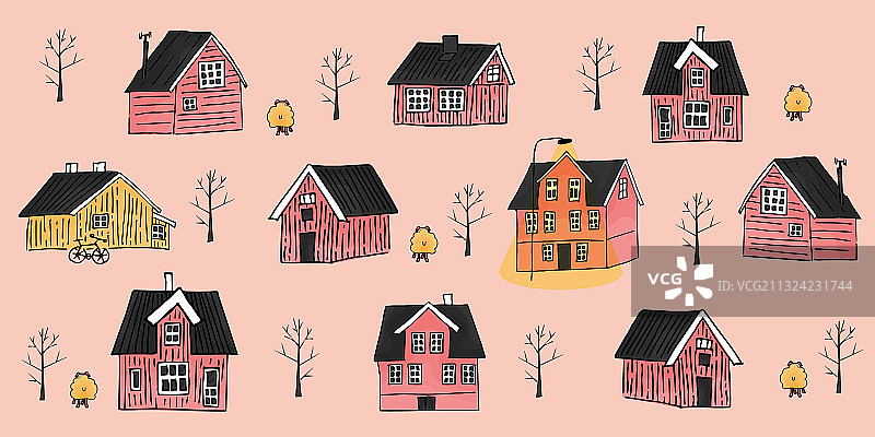 黄色粉色斯堪的纳维亚木屋合集图片素材