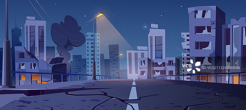 战争摧毁后的夜间城市废弃建筑图片素材