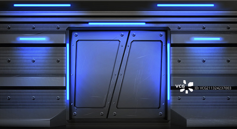 带有发光霓虹灯的旧金属滑动门图片素材