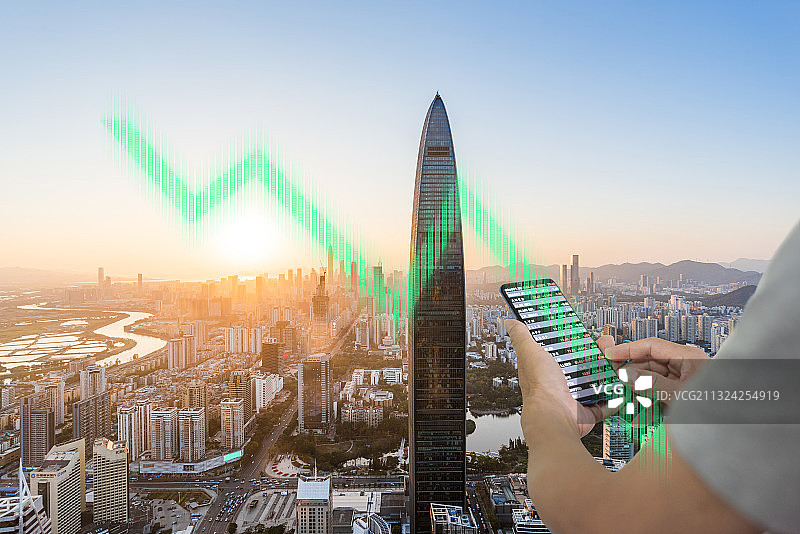 深圳城市天际线和股票金融下跌概念图片素材