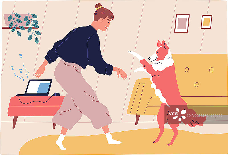 女人和可爱的边境牧羊犬一起跳舞图片素材
