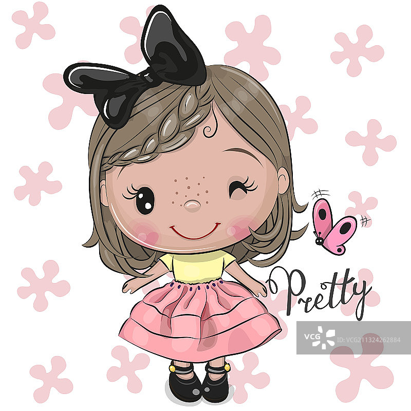 穿着带黑色蝴蝶结连衣裙的卡通女孩图片素材