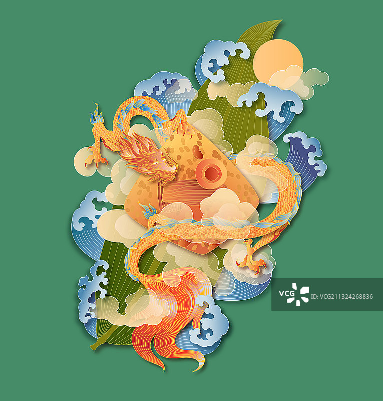 浪花上祥云飞龙缠绕在打开的粽子旁图片素材