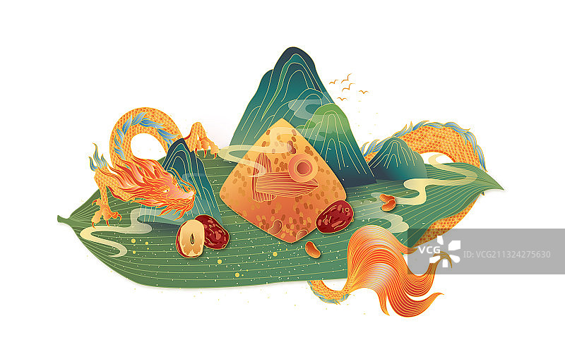 龙纹端午粽叶山水插画图片素材