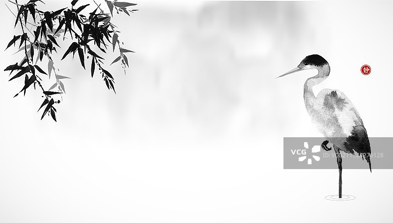 雾中鹭鸟竹叶传统水墨画图片素材