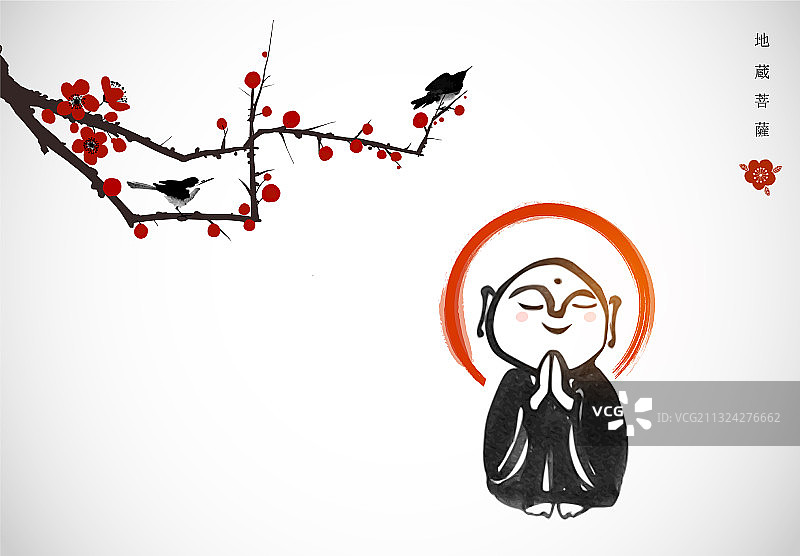 水墨画：祈祷的日本菩萨地藏图片素材