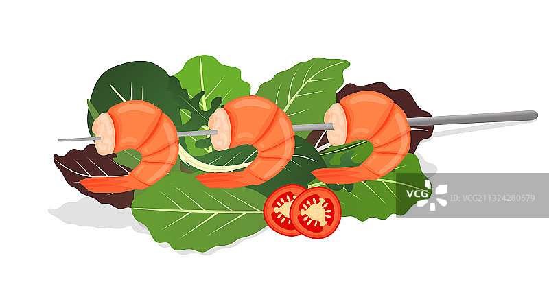 混合生菜叶上的烤虾串图片素材