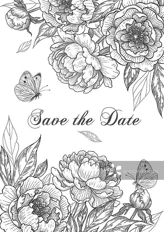 带牡丹花的婚礼卡片模板图片素材