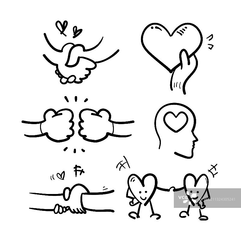 涂鸦友谊与爱心线条图标集图片素材