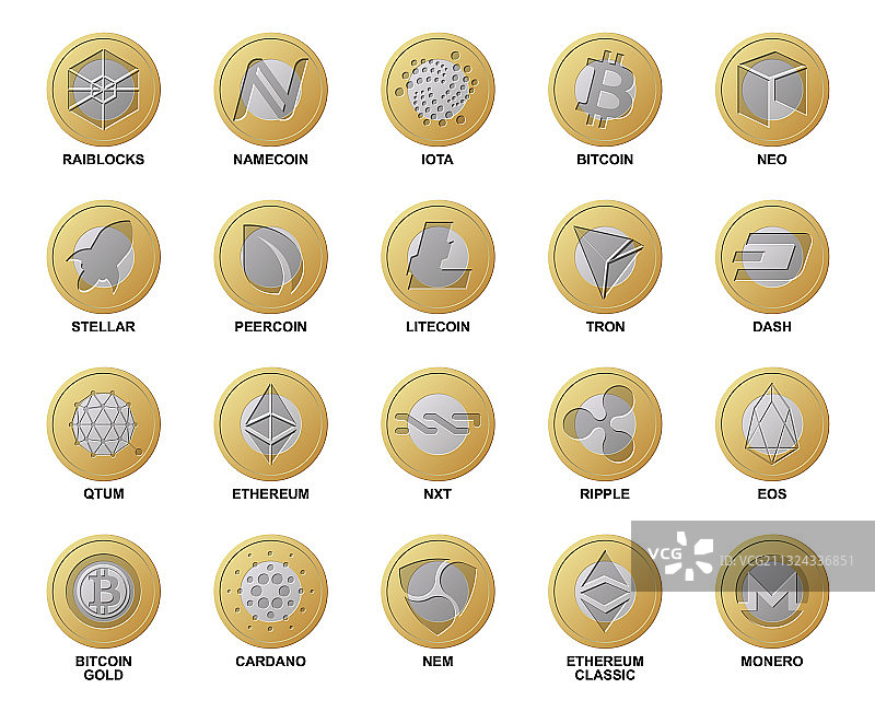 不同金银色的加密货币logo硬币图片素材
