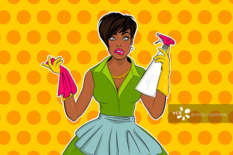 穿着绿色连衣裙的黑人波普艺术女孩图片素材