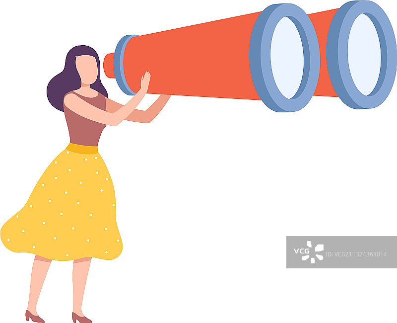年轻女人手持大型双筒望远镜搜索图片素材