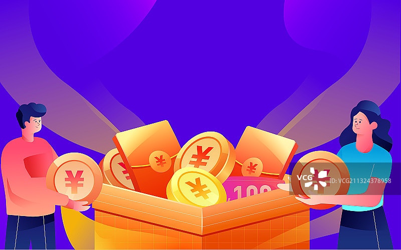 人物往礼盒里装金币矢量插画图片素材