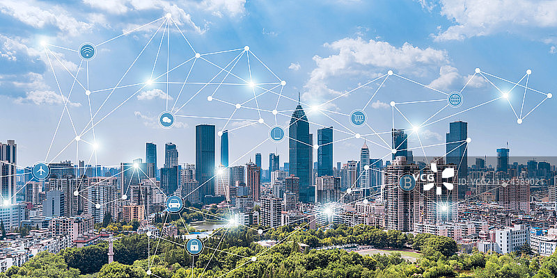 湖北武汉西北湖CBD建筑群远景和城市互联概念图片素材