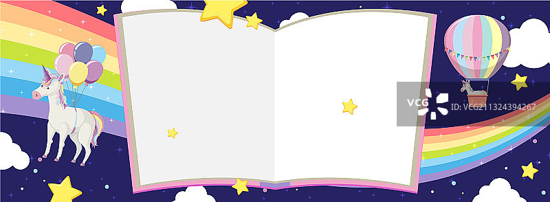 空白书页、独角兽和热气球图片素材