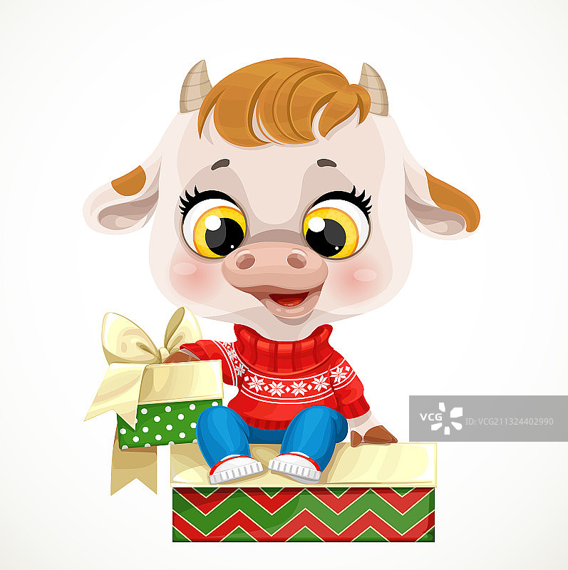 穿着红色圣诞毛衣的可爱卡通小牛图片素材