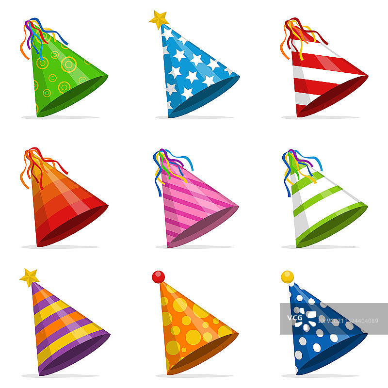 彩色派对帽锥形套装（白色背景，已隔离）图片素材