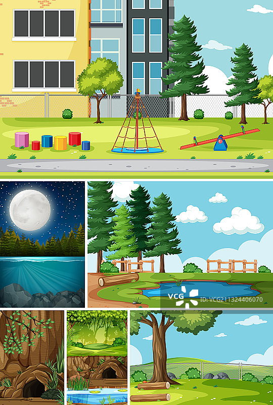 六个不同场景的自然背景卡通图片素材