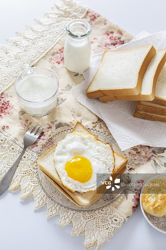 早餐、牛奶、面包片、煎鸡蛋图片素材