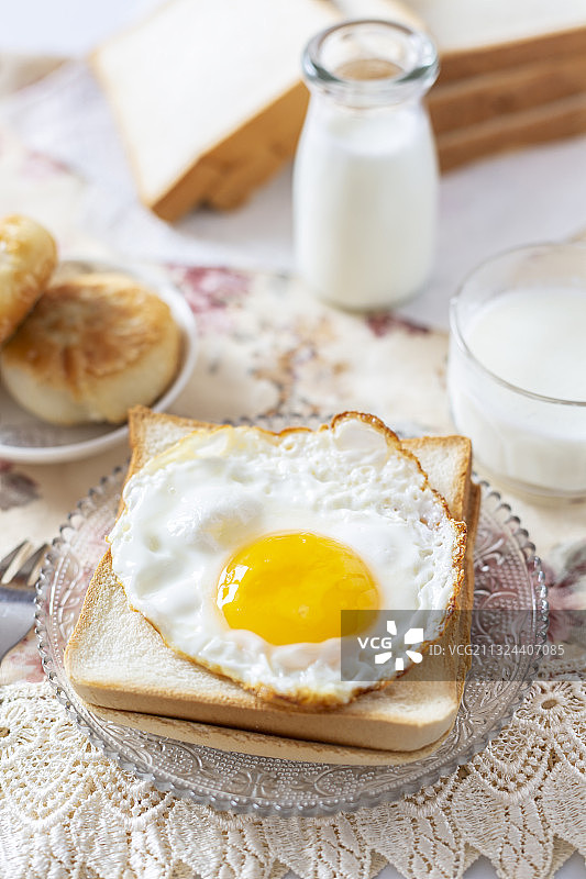 早餐、牛奶、面包片、煎鸡蛋图片素材