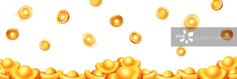 飘落的中国金币和金锭图片素材