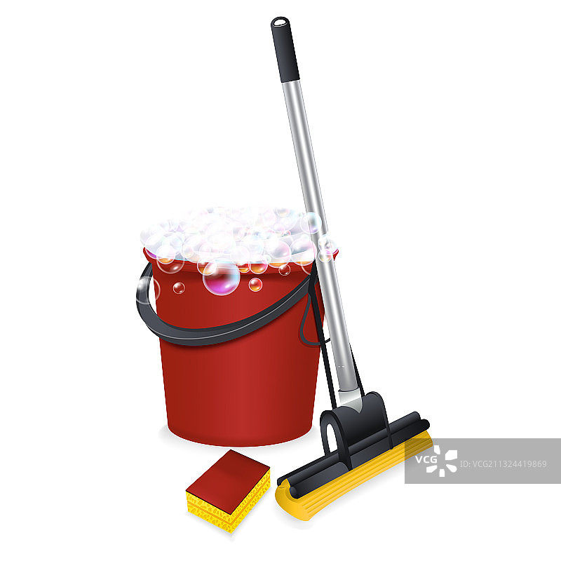 逼真细致的3D拖把海绵和水桶套装图片素材