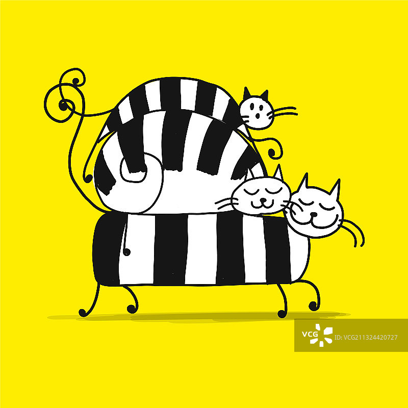 猫咪家庭与小猫设计素描图片素材