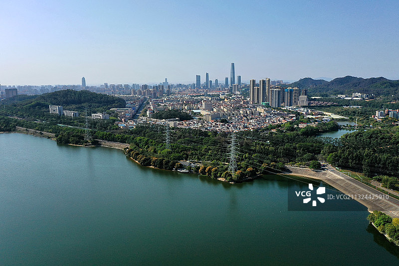 广东省东莞市东城街道同沙生态公园同沙水库航拍图片素材