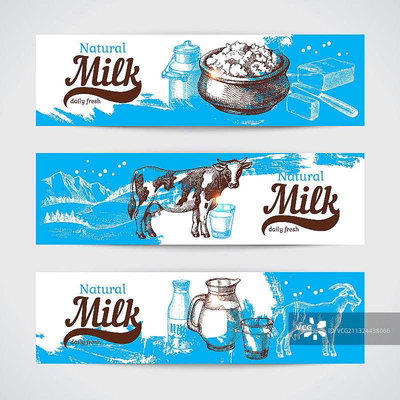 手绘素描牛奶制品banner复古套装图片素材
