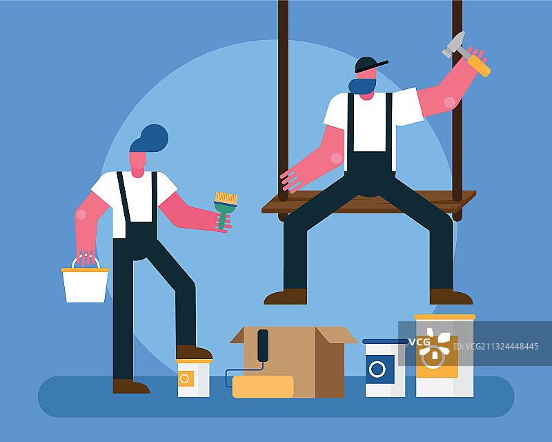 脚手架上改建的施工团队图片素材