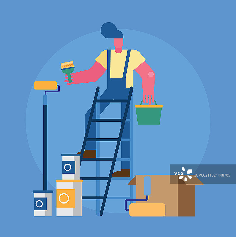 在楼梯上进行改造的建筑工人图片素材