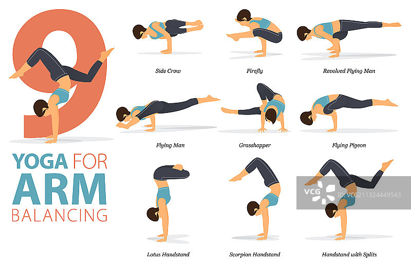 9个手臂平衡瑜伽姿势图片素材