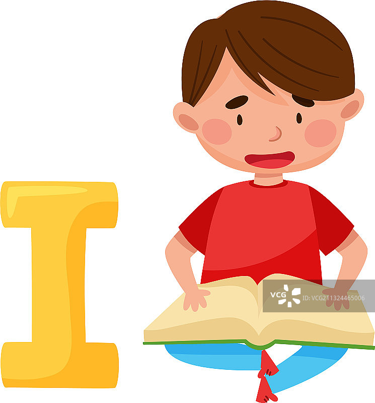聪明的男孩坐在大写字母I旁边图片素材