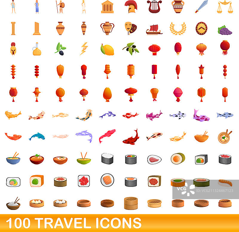 100个卡通风格旅行图标合集图片素材