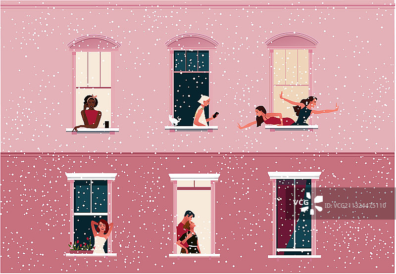 窗框与正在进行日常活动的邻居图片素材