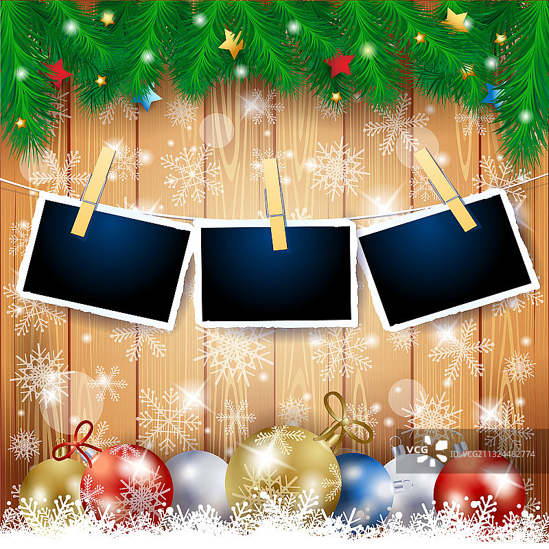 圣诞背景：冷杉球和照片图片素材