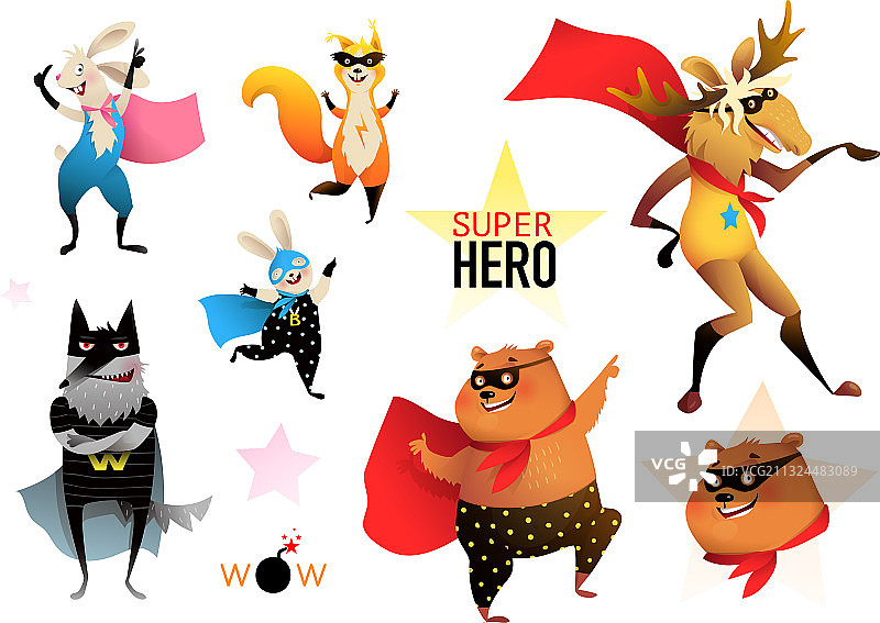 超级英雄动物儿童派对滑稽角色图片素材