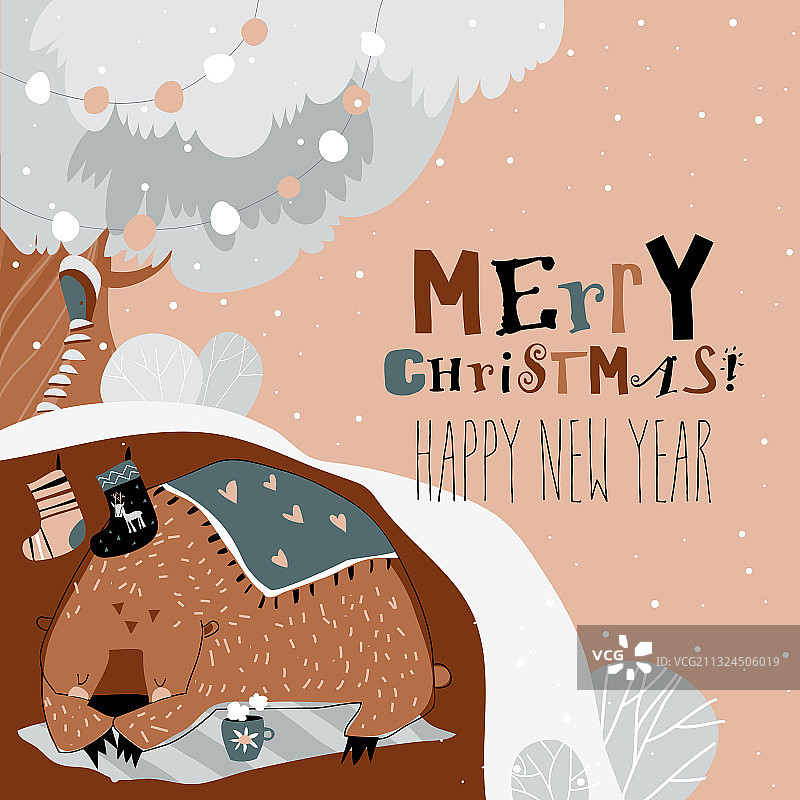 可爱卡通熊在冬季森林的巢穴里睡觉图片素材