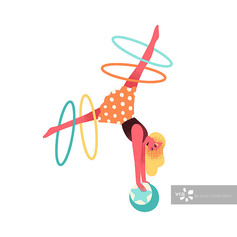 马戏团体操运动员在球上用呼啦圈保持平衡图片素材