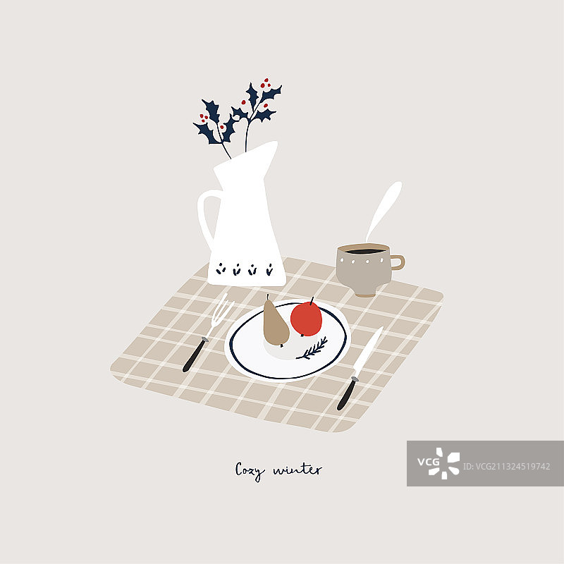 节日餐桌布置与冬青浆果花瓶图片素材