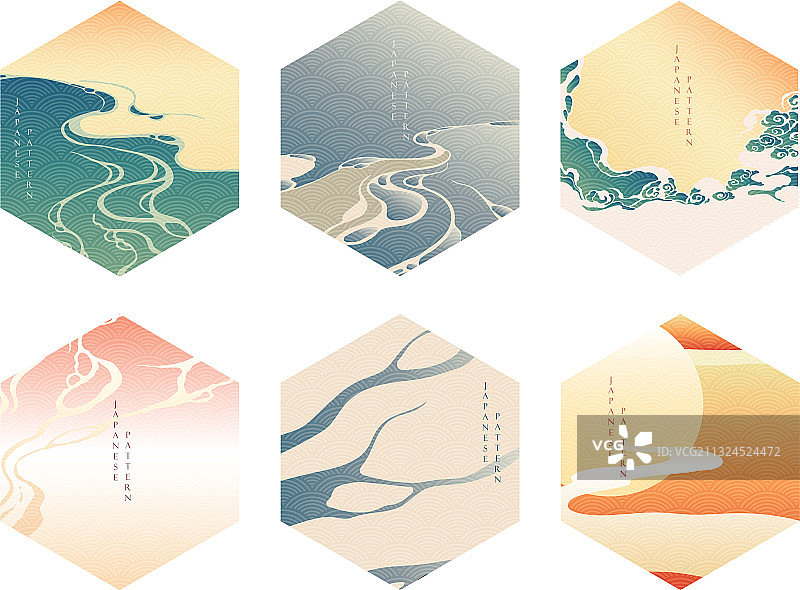 带有海浪元素的中国风模板日落图片素材